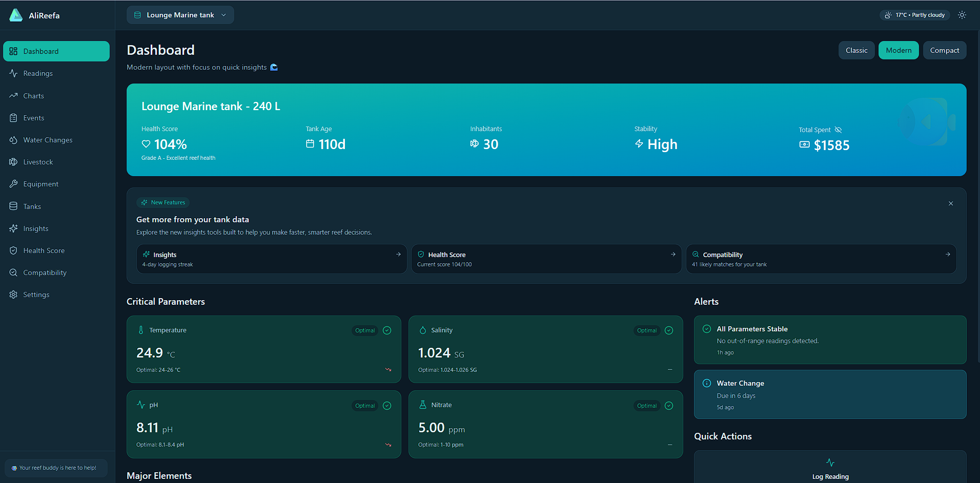 AliReefa dashboard showing reef tank status, alerts, and maintenance overview.